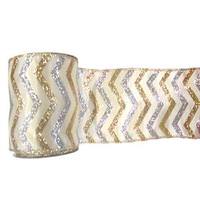 Vickerman 2.5" x 10yd Cream / Gold / Silver Chevron Ribbon