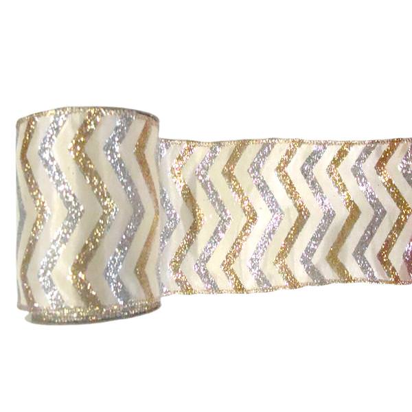 4" x 10yd Cream / Gold / Silver Chevron Ribbon
