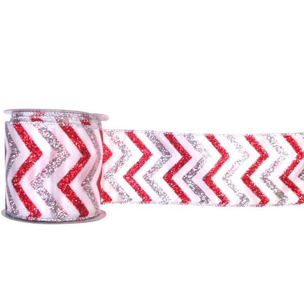 2.5" x 10yd White / Red / Silver Chevron Ribbon