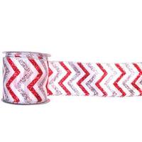 Vickerman 2.5" x 10yd White / Red / Silver Chevron Ribbon