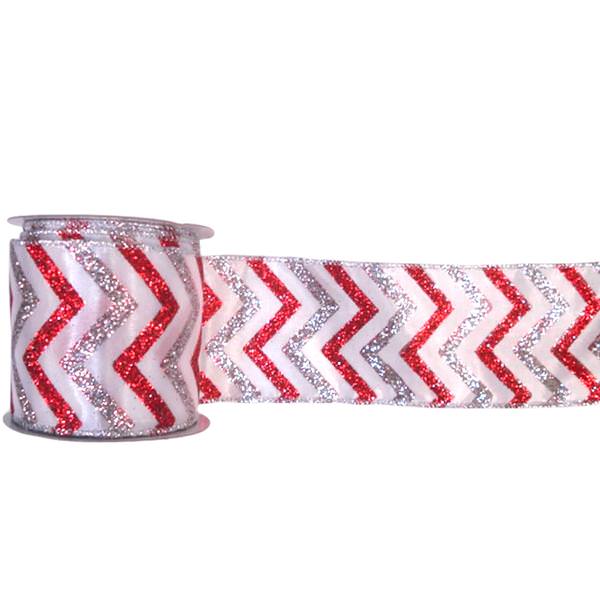 4" x 10yd White / Red / Silver Chevron Ribbon