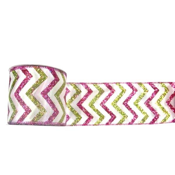 2.5" x 10yd White / Lime / Fuchsia Chevron Ribbon