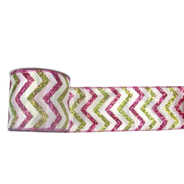 4" x 10yd White / Lime / Fuchsia Chevron Ribbon