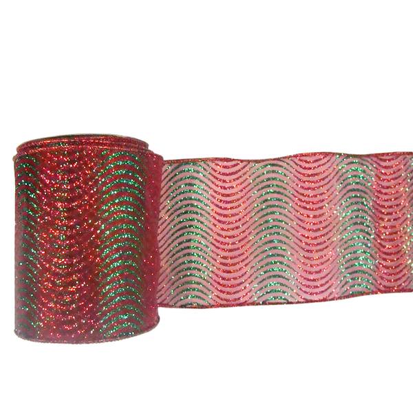4" x 10yd Red / Green Glitter Swirl Mesh Ribbon