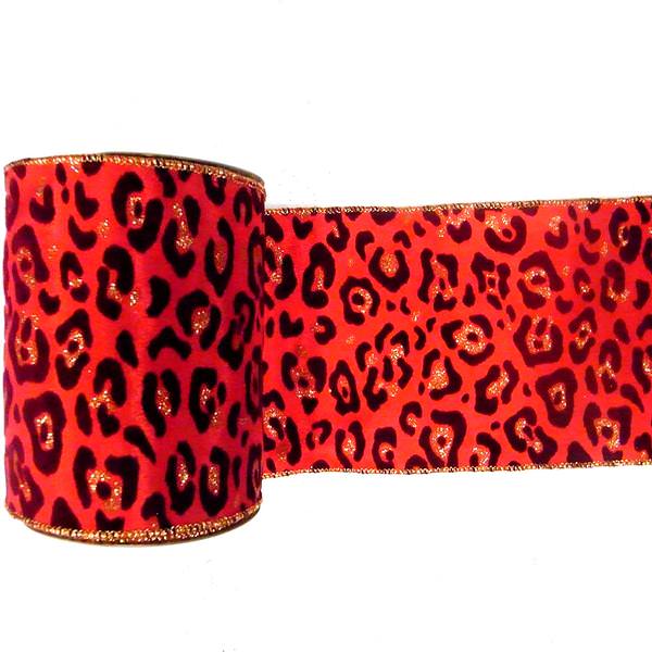 4" x 10yd Red / Burgundy Velvet Leopard Ribbon