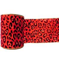 Vickerman 4" x 10yd Red / Burgundy Velvet Leopard Ribbon