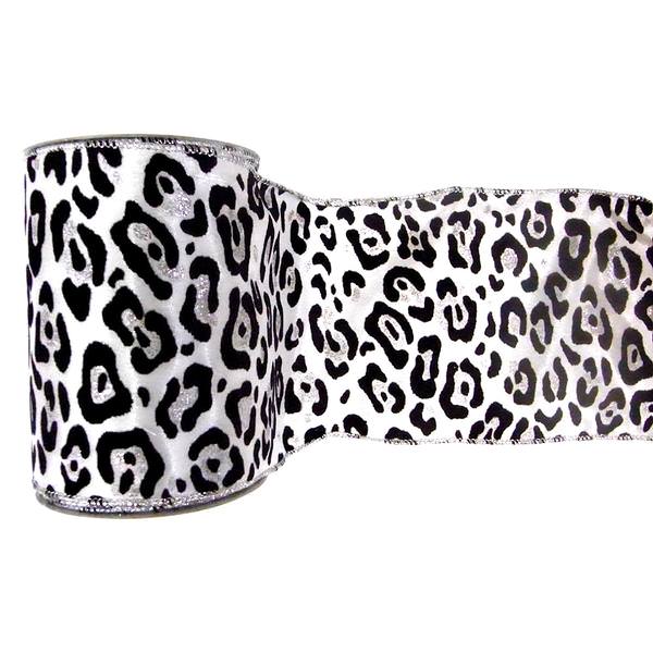 4" x 10yd White / Black Velvet Leopard Ribbon