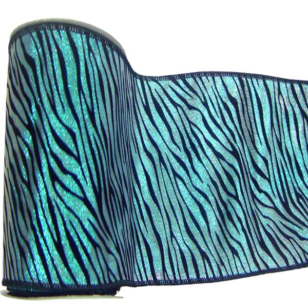 4" x 10yd Teal / Black Lamé Velvet Zebra Ribbon