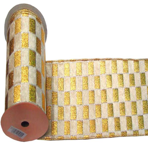 4" x 10yd Gold / Cream Check Lamé Ribbon