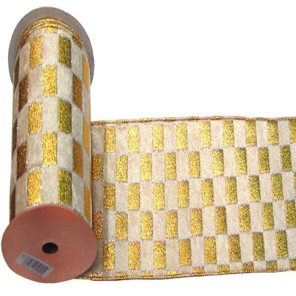 6" x 10yd Gold / Cream Check Lamé Ribbon