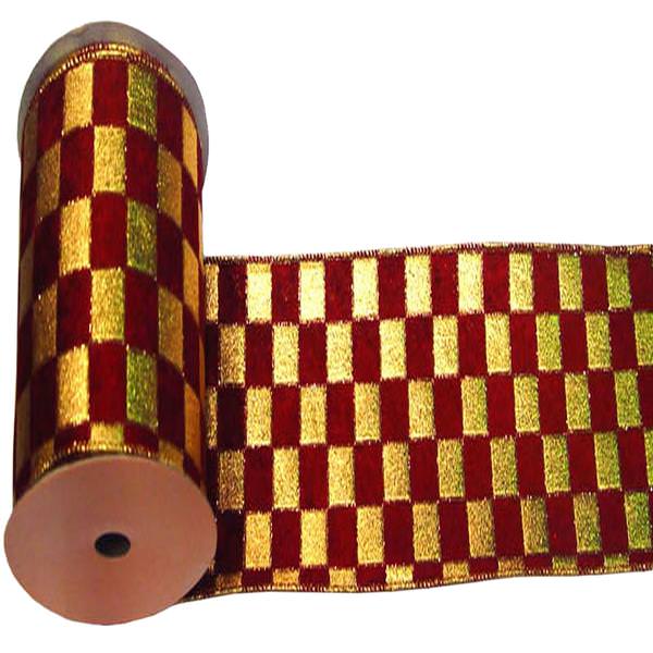 4" x 10yd Gold / Burgundy Check Lamé Ribbon