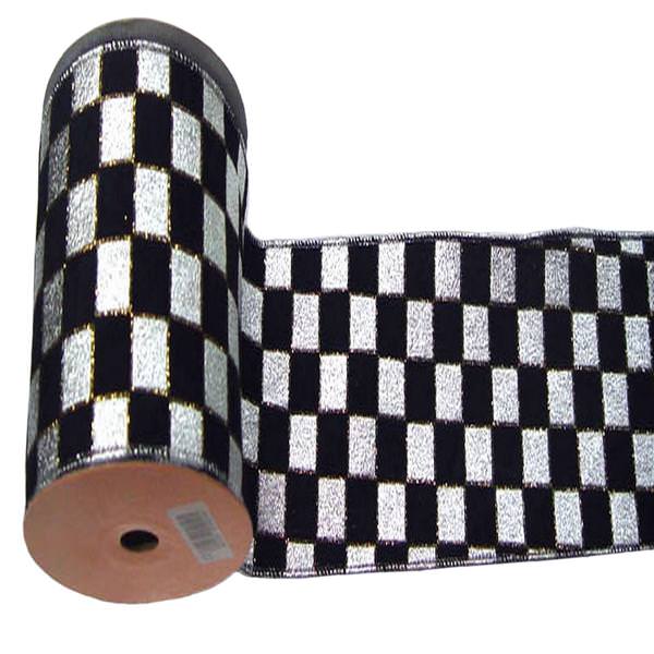 2.5" x 10yd Silver / Black Lamé Check Ribbon