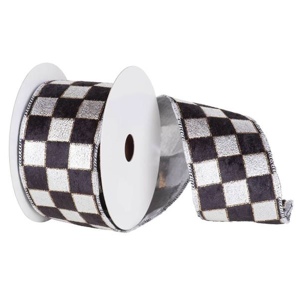 4" x 10yd Silver / Black Check Lamé Ribbon