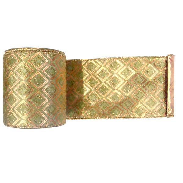 2.5" x 10yd Gold / Sage Lamé Diamond Ribbon