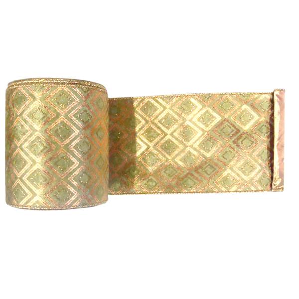 4" x 10yd Gold / Sage Diamond Lamé Ribbon