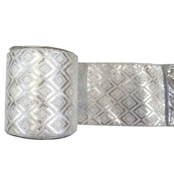 4" x 10yd Silver / White Diamond Lamé Ribbon