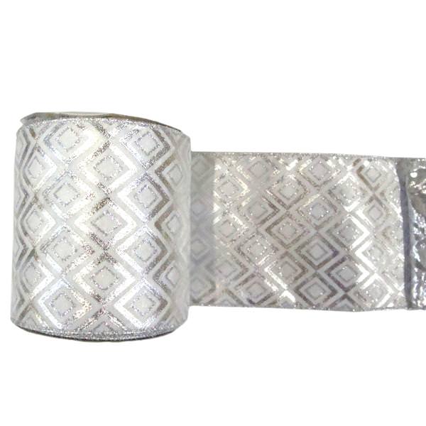 6" x 10yd Silver / White Diamond Lamé Ribbon