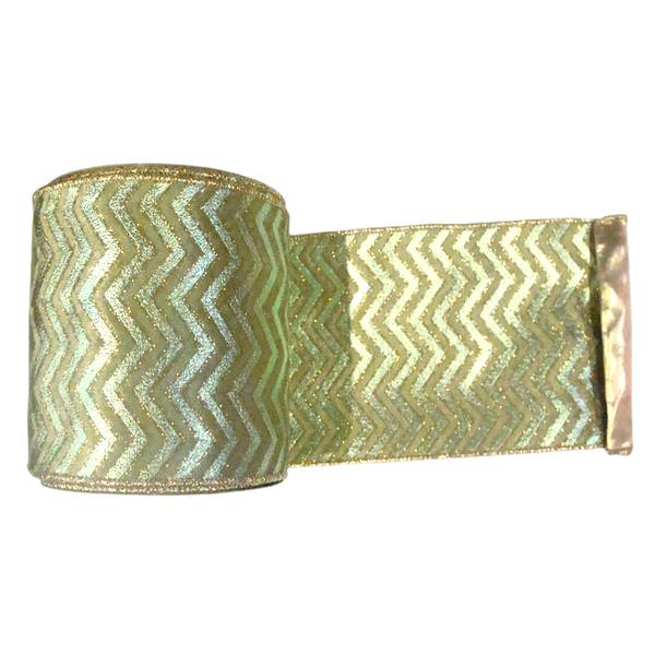 2.5" x 10yd Sage / Sage Gold Lamé Chevron Ribbon
