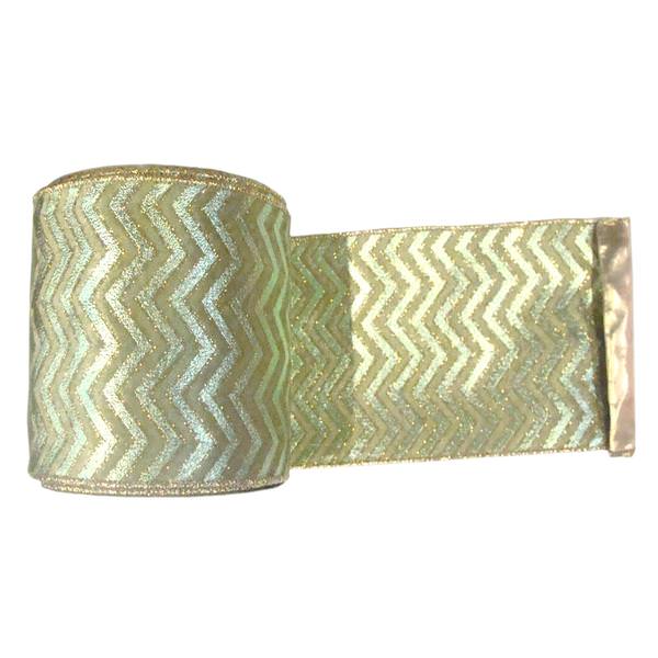6" x 10yd Sage / Sage Chevron Gold Lamé Ribbon