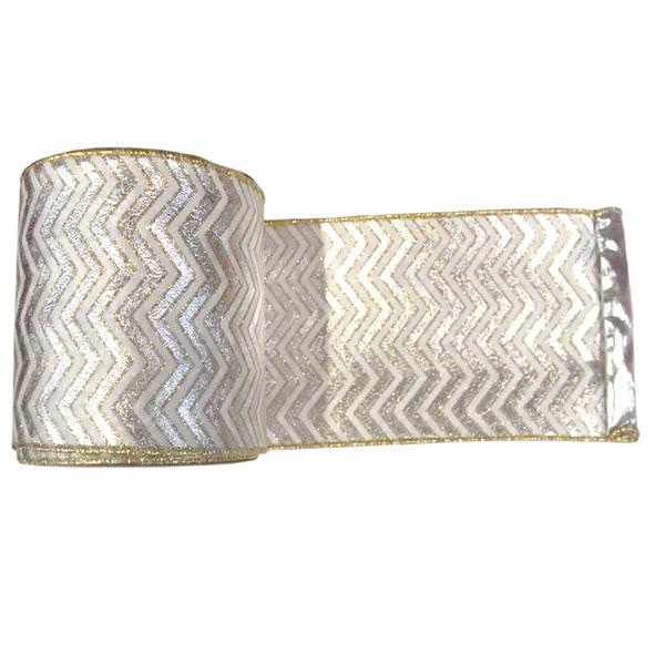 2.5" x 10yd Silver / White Lamé Chevron Ribbon