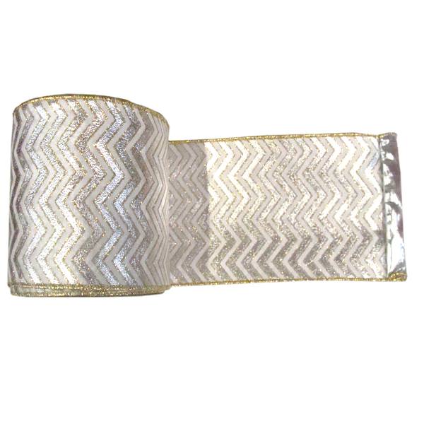 4" x 10yd Silver / White Chevron Lamé Ribbon