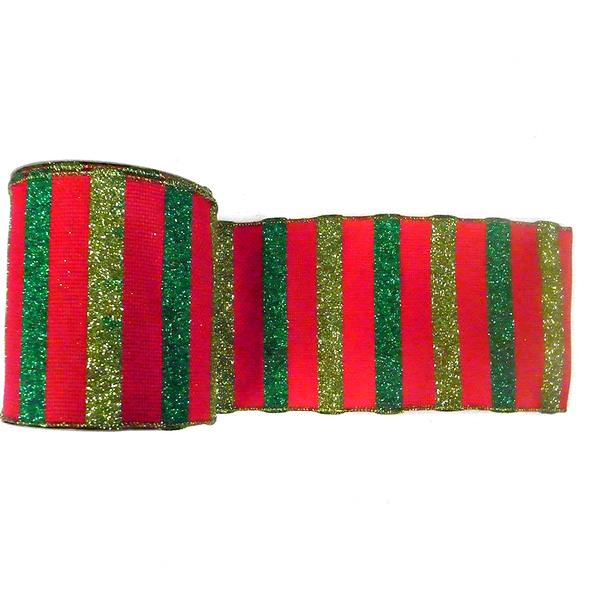 2.5" x 10yd Red Mesh Lime / Green Stripes Ribbon