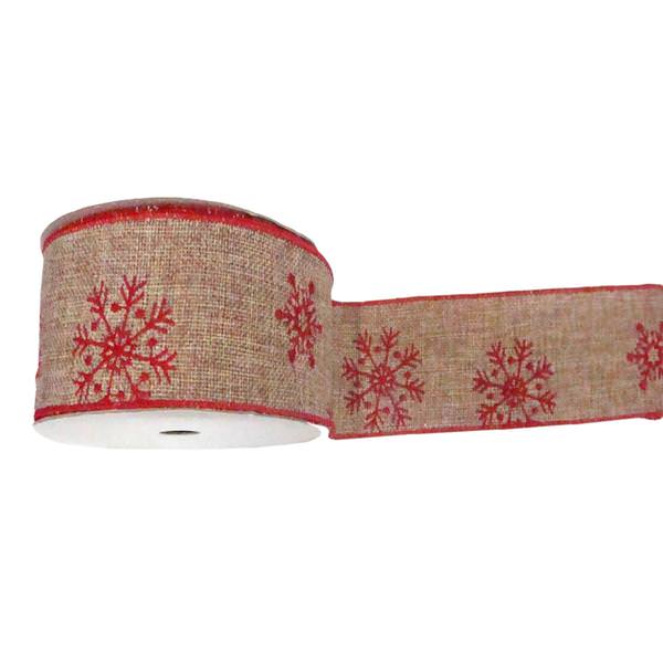2.5" x 10yd Natural Burlap Red Snowflake Ribbon