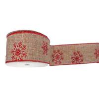 Vickerman 2.5" x 10yd Natural Burlap Red Snowflake Ribbon