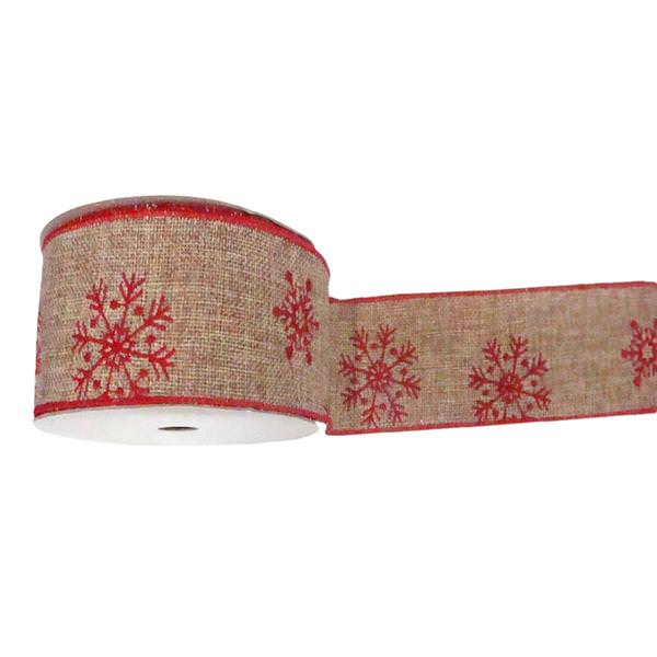 4" x 10yd Natural Burlap Red Snowflake Ribbon