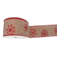 Vickerman 4" x 10yd Natural Burlap Red Snowflake Ribbon