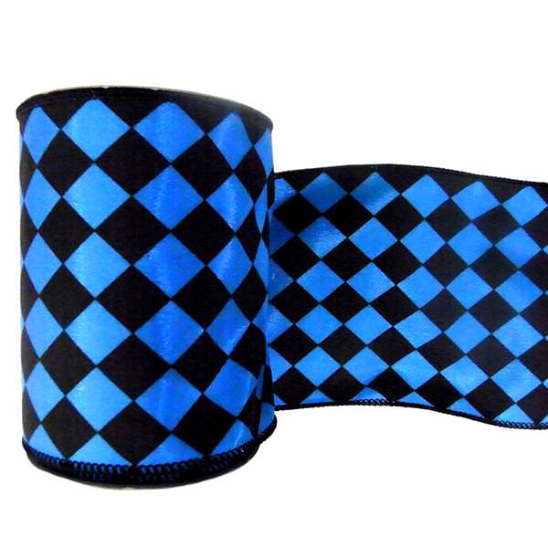 2.5" x 10yd Black / Sky Blue Diamond Ribbon