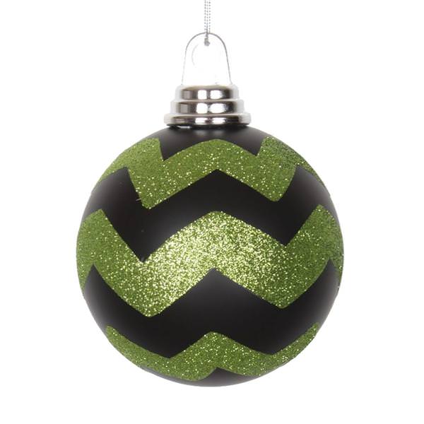 4" Black / Lime Matte Glitter Chevron Ball Ornament