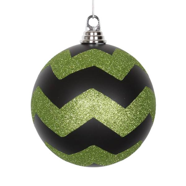 6" Black / Lime Matte Glitter Chevron Ball Ornament