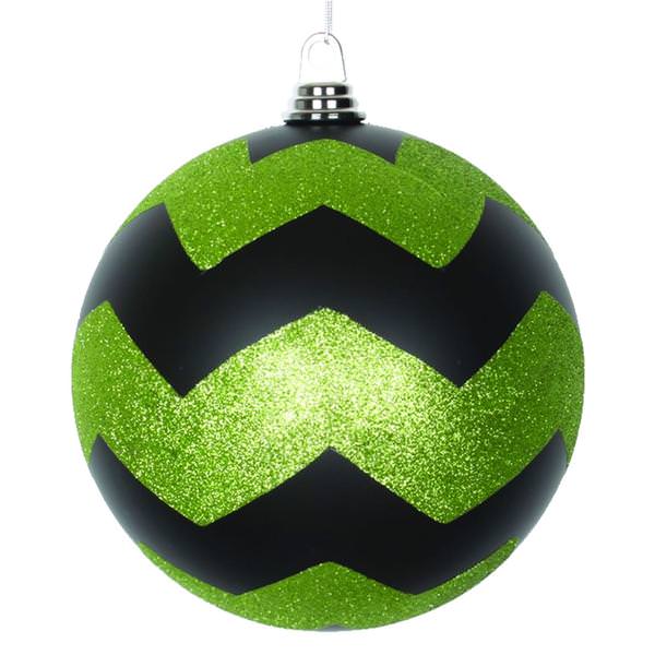 8" Black / Lime Matte Glitter Chevron Ball Ornament