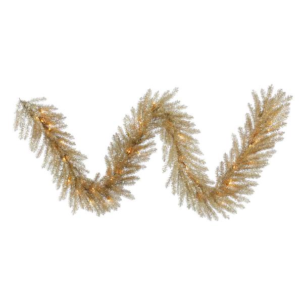 9' x 14" Artificial Champagne Tinsel Garland 50 Clear Miniature Lights