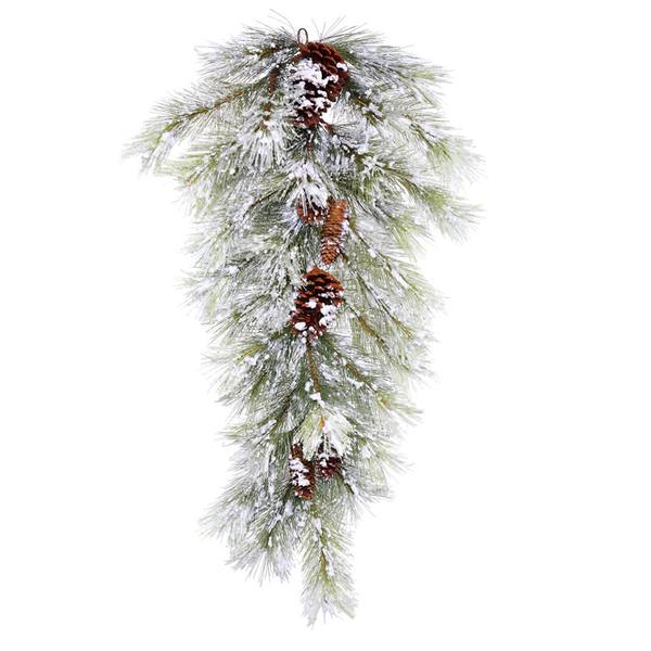 32" Artificial Flocked Ashville Pine Teardrop with Pine Cones
