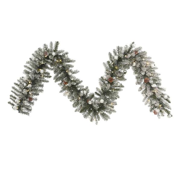 9' x 14" Artificial Flocked Padroni Fir Garland 50 Warm White Italian LED Lights