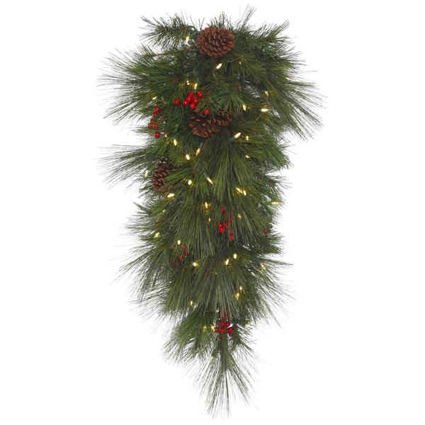 36" x 18" Artificial Big Cascade Pine Teardrop 50 Warm White Italian LED Lights with Pine Cones and Berries