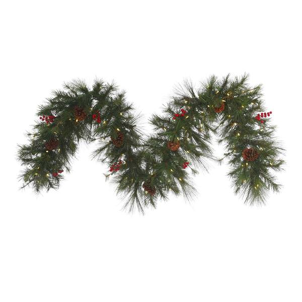 9' x 18" Artificial Big Cascade Pine Garland 100 Warm White Italian LED Lights with Berries and Pine Cones