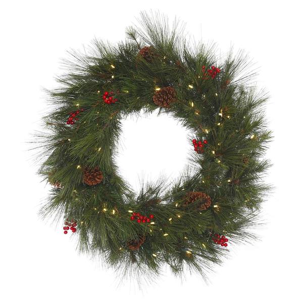 36" Artificial Big Cascade Berry Pine 100 Warm White Italian LED Lights with Pine Cones