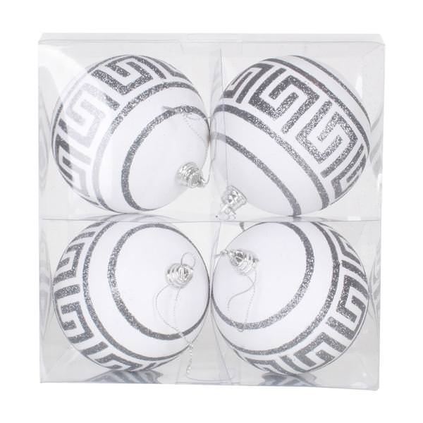 4" White Matte Silver Glitter Ball Ornament (4 pack)