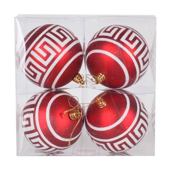 4" Red Matte White Glitter Ball Ornament (4 pack)