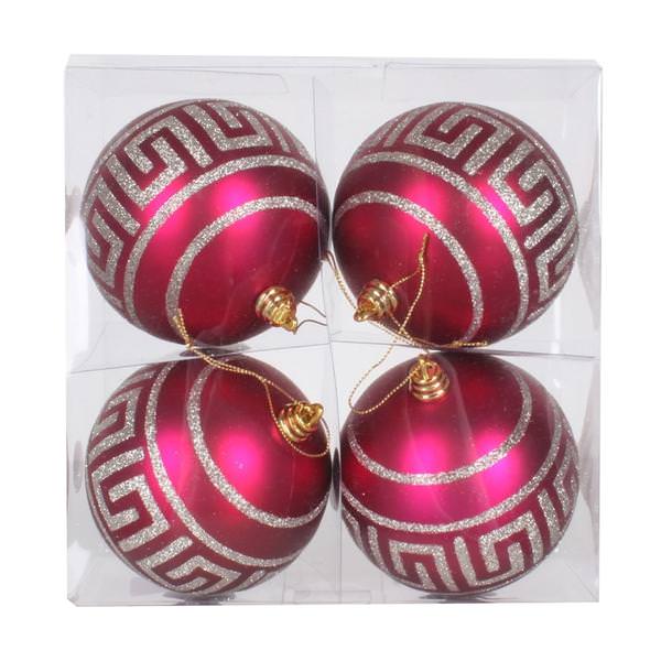 4" Magenta Matte Silver Glitter Ball Ornament (4 pack)