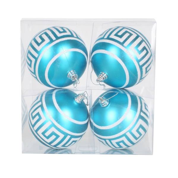 4" Teal Matte White Glitter Ball Ornament (4 pack)