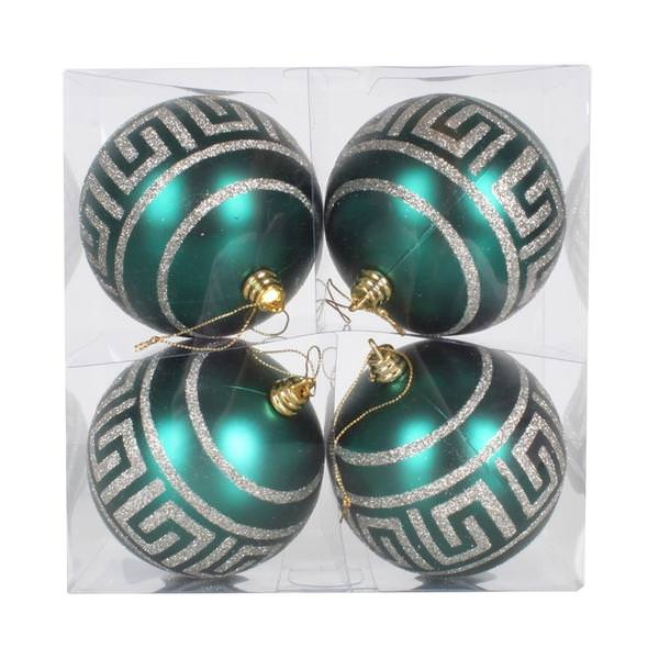 4" Emerald Matte Silver Glitter Ball Ornament (4 pack)