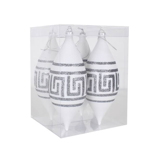 7" White Matte Silver Glitter Drop Ornament (4 pack)