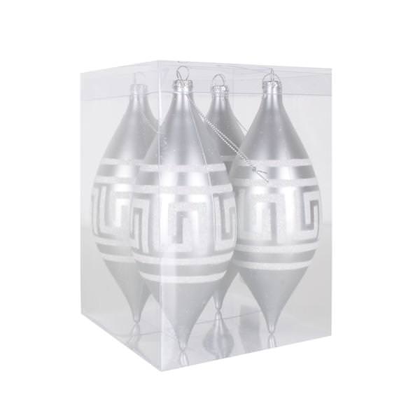 7" Silver Matte White Glitter Drop Ornament (4 pack)