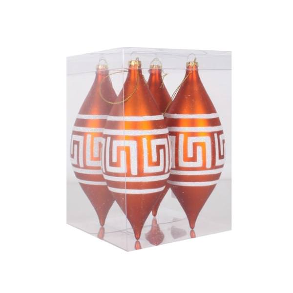 7" Burnished Orange Matte White Glitter Drop Ornament (4 pack)