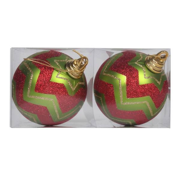 4.75" Lime / Red Matte Glitter Chevron Ball Ornament (2 pack)