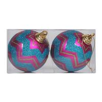 Vickerman 4.75" Cerise / Turquoise Matte Glitter Chevron Ball Ornament (2 pack)